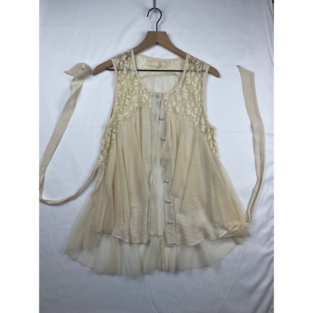 A'reve Cream Lace Tulle Sleeveless Blouse Boho Button Down Tie Waist Top Medium